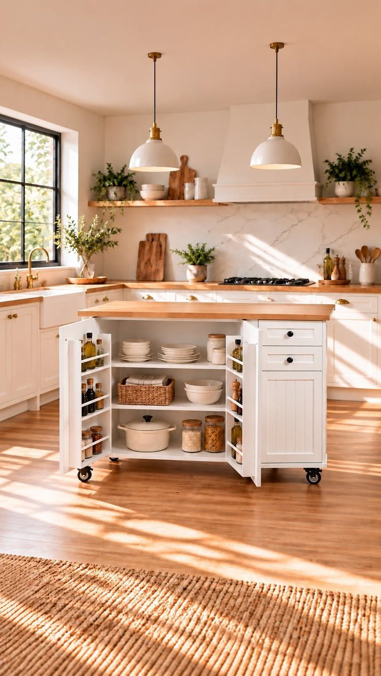 A white mobile kitchen island with wooden top and organized storage shelves on a wooden floor.