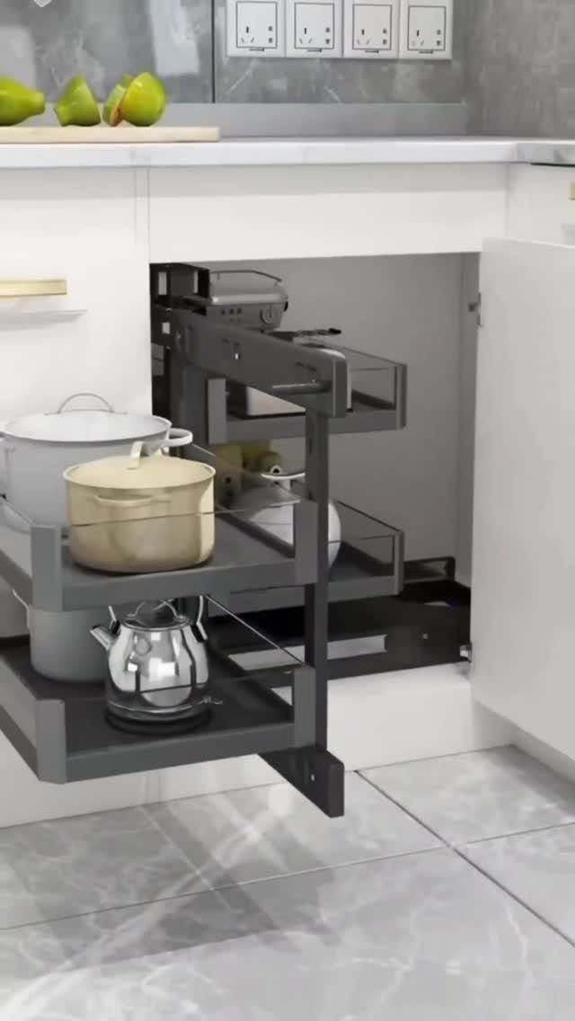 A dark grey metal pull-out shelving unit extends from an open white kitchen corner cabinet.