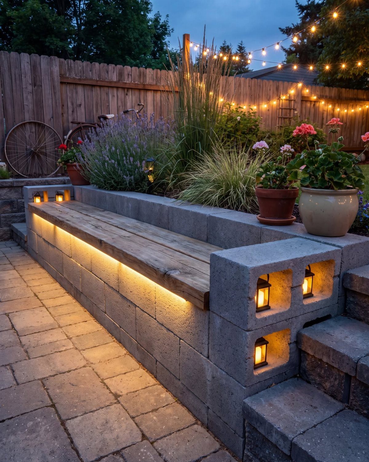 A wooden bench built into a stone retaining wall with warm integrated lighting.