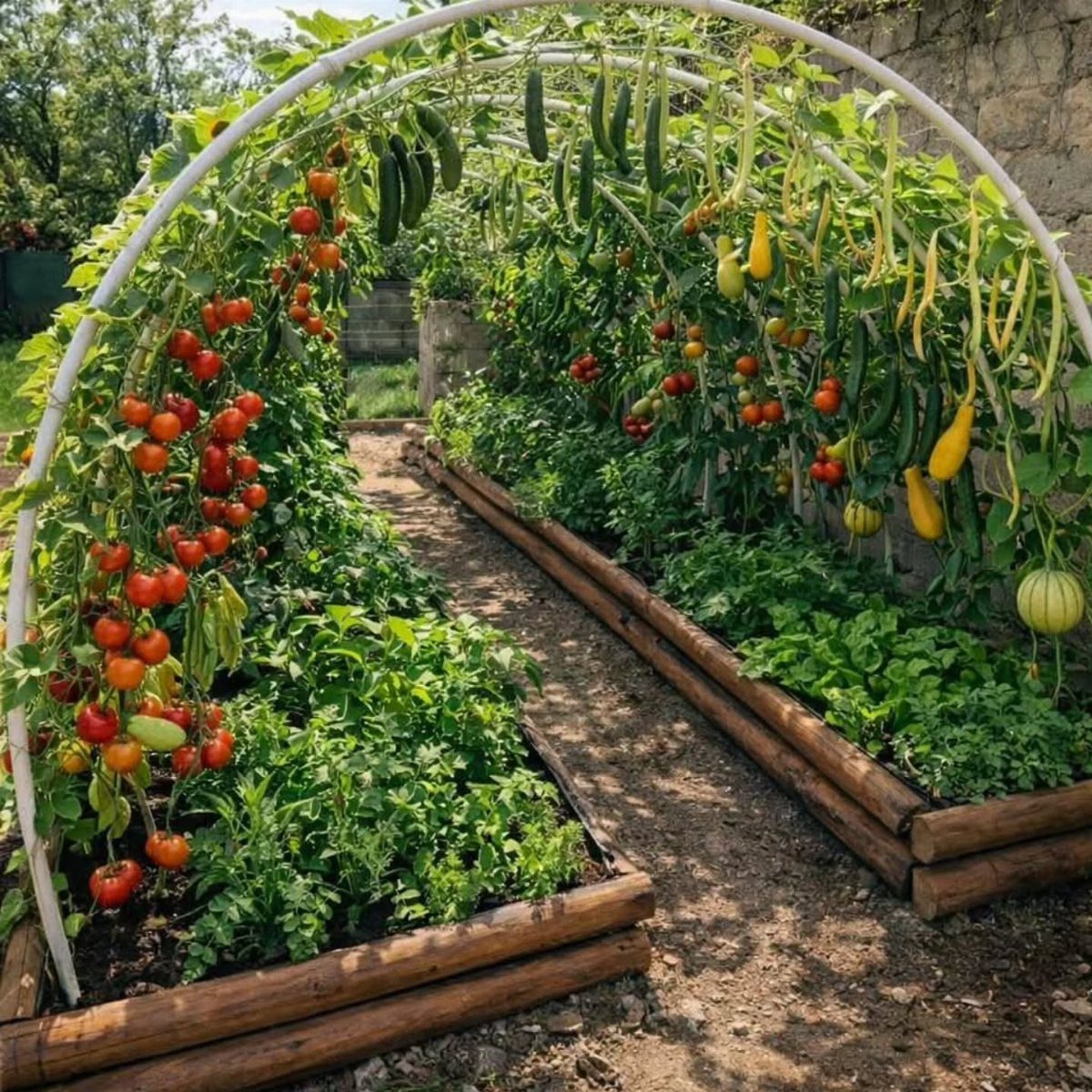 White arched trellis with climbing tomato plants and vegetables over wooden raised garden beds.