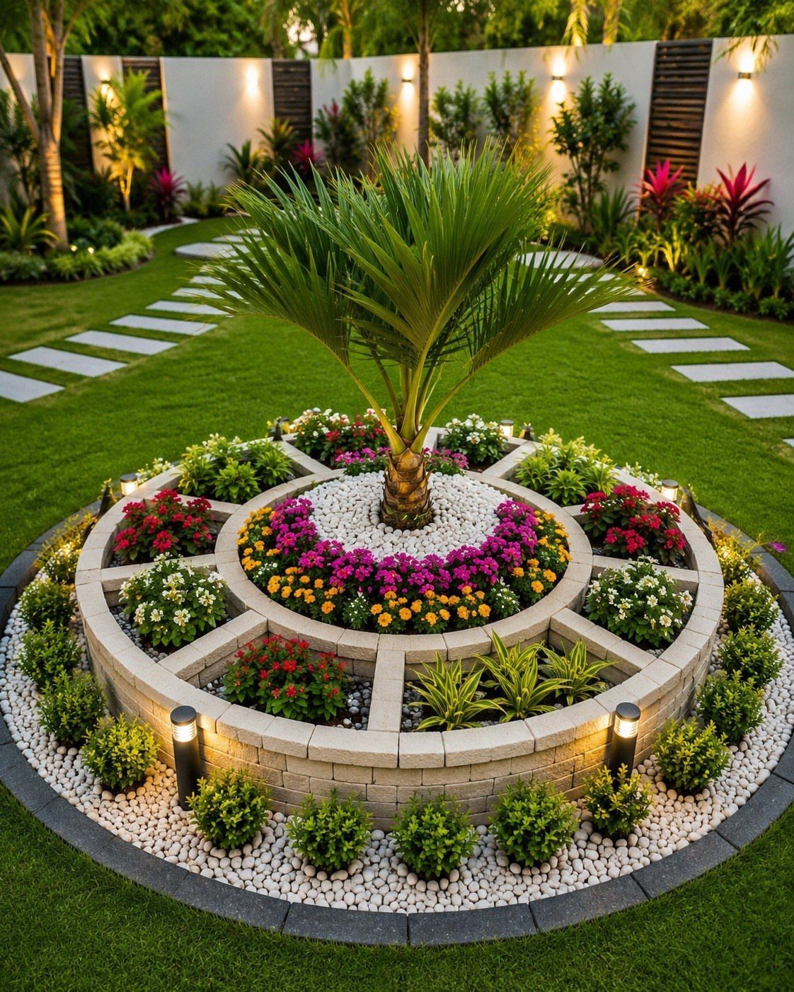 A small palm tree centered in a circular stone garden bed filled with colorful flowers.