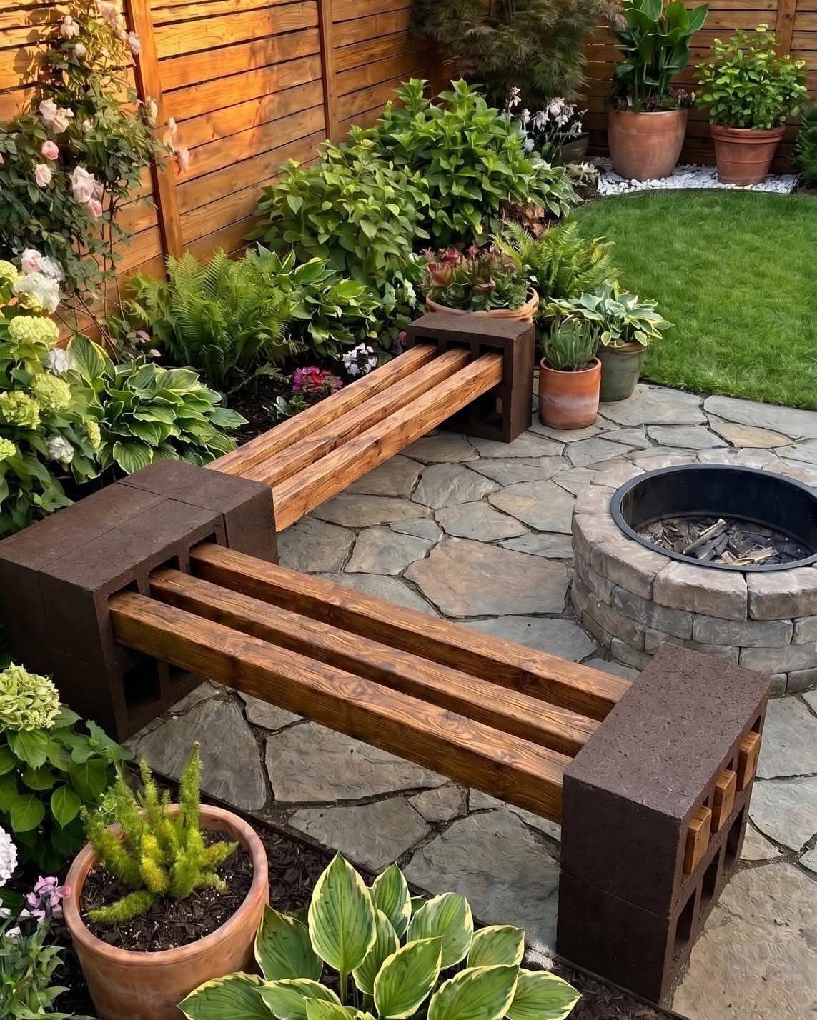 Wooden slat benches placed on a stone patio surrounded by lush garden plants and a fire pit.