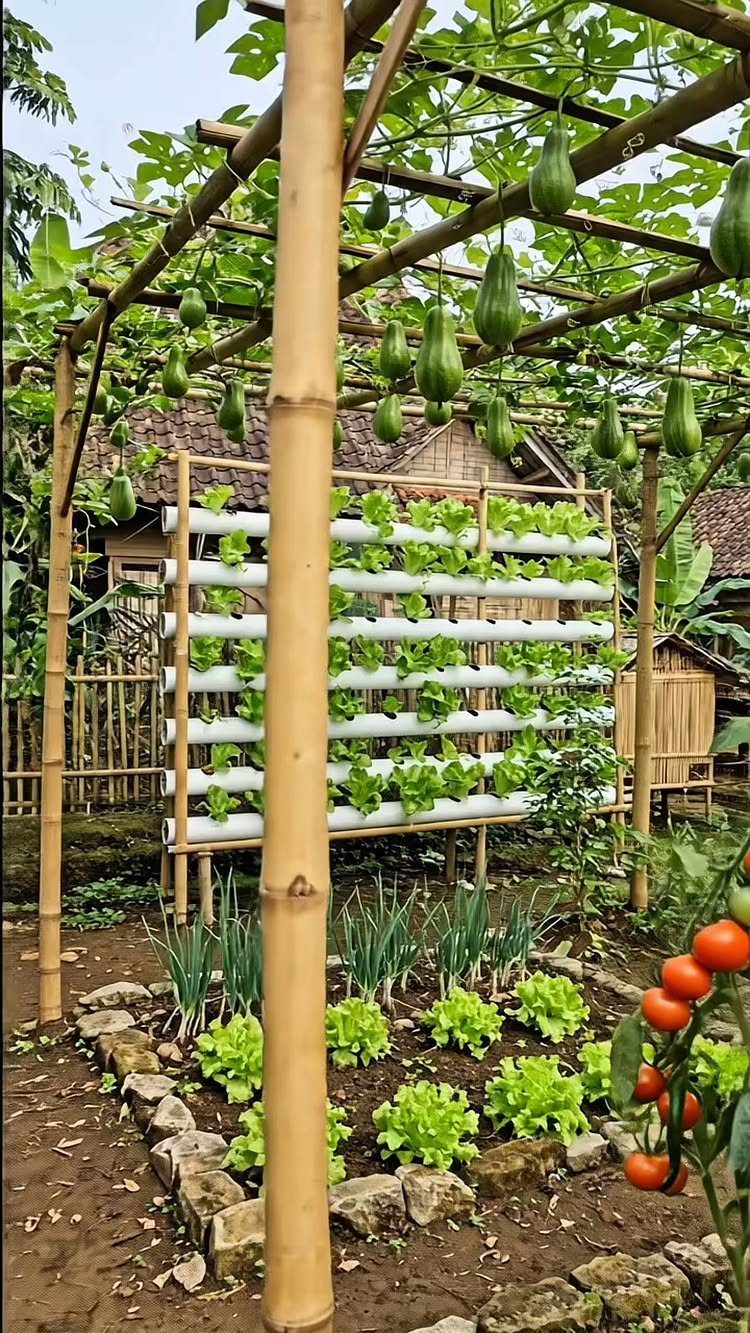 Green leafy plants growing in white PVC pipes mounted on a bamboo vertical garden frame.