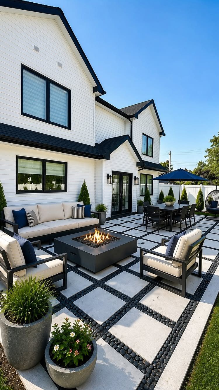 Large white square pavers with dark gravel borders form a modern backyard patio area.