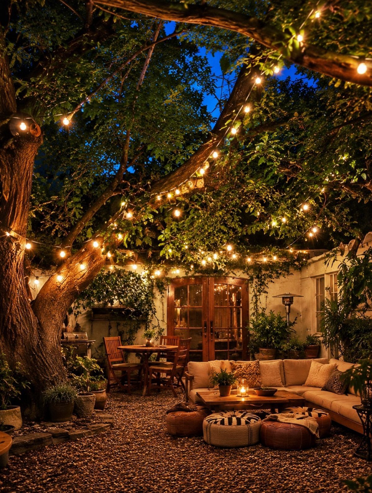 String lights hanging from large tree branches over a cozy outdoor seating area with a sofa and gravel ground.