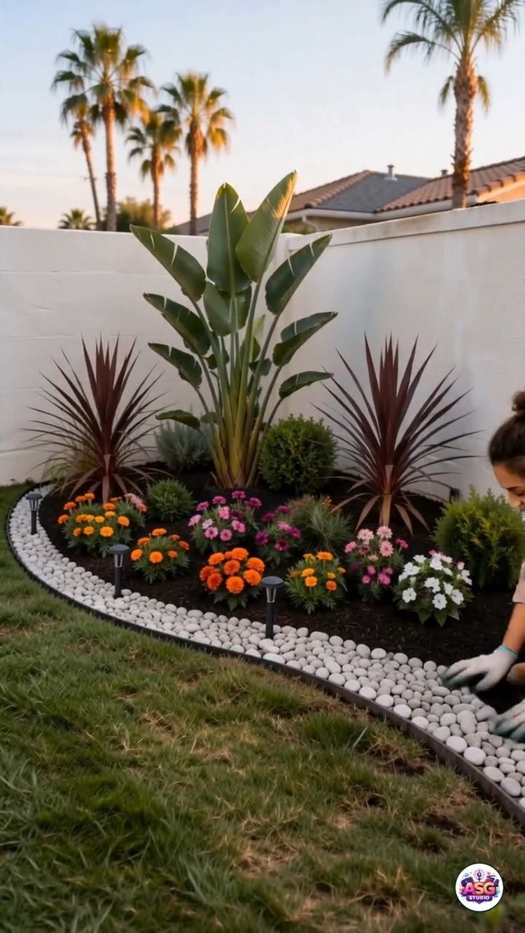 A person planting colorful flowers in a landscaped garden bed lined with white stones.