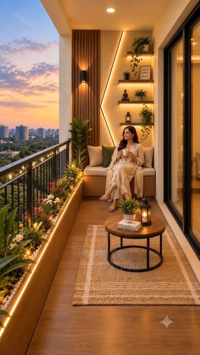 Woman sitting on a cushioned balcony bench surrounded by plants and warm lighting at sunset.