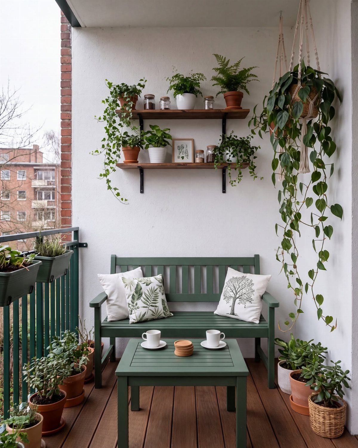Green loveseat and coffee table on a balcony surrounded by many potted plants.