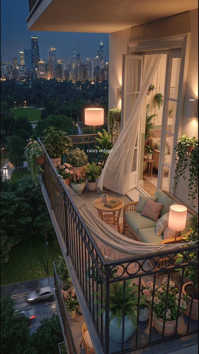 A cozy balcony with a small sofa, plants, and a white hammock overlooking a city skyline.