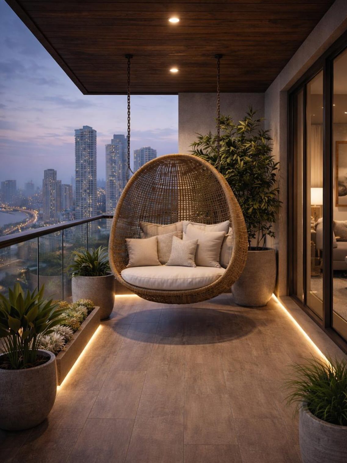 Hanging wicker egg chair with white cushions on a modern balcony overlooking a city skyline.
