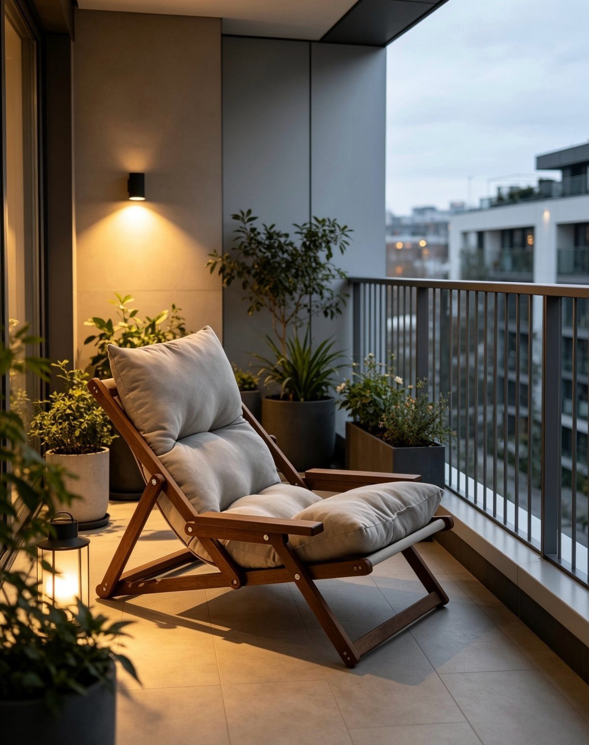 A wooden lounge chair with grey cushions sits on a balcony surrounded by potted plants.