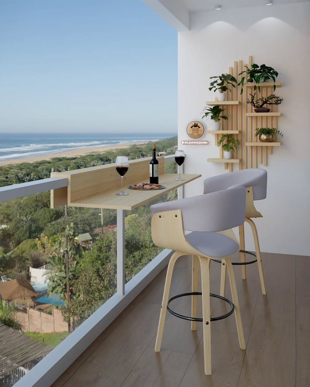 A wooden rail table with two bar stools overlooking a scenic ocean coastline view.