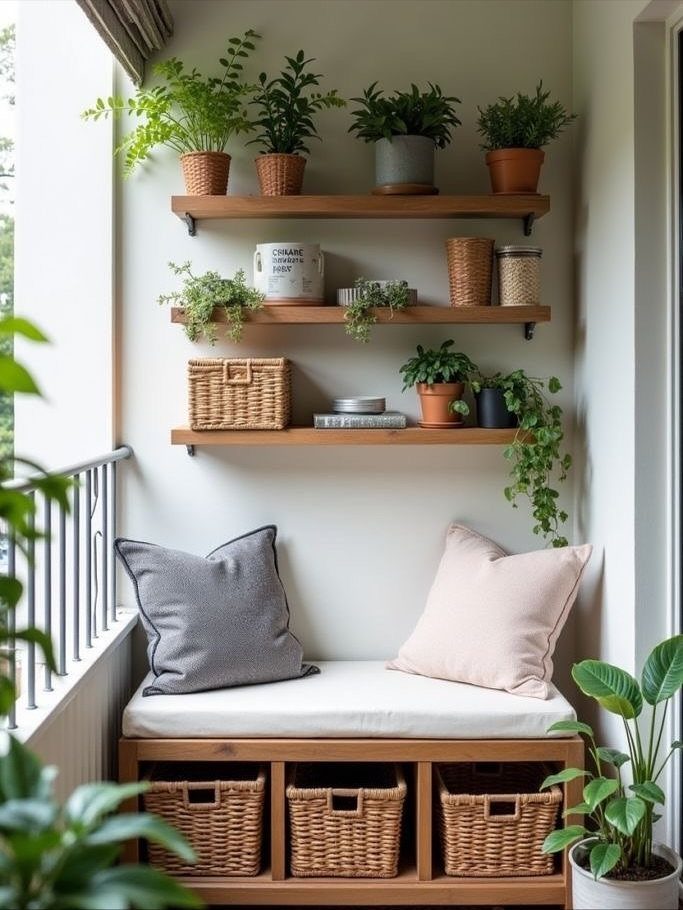 Wooden balcony bench with white cushion, pillows, and wicker baskets under plant-filled floating shelves.