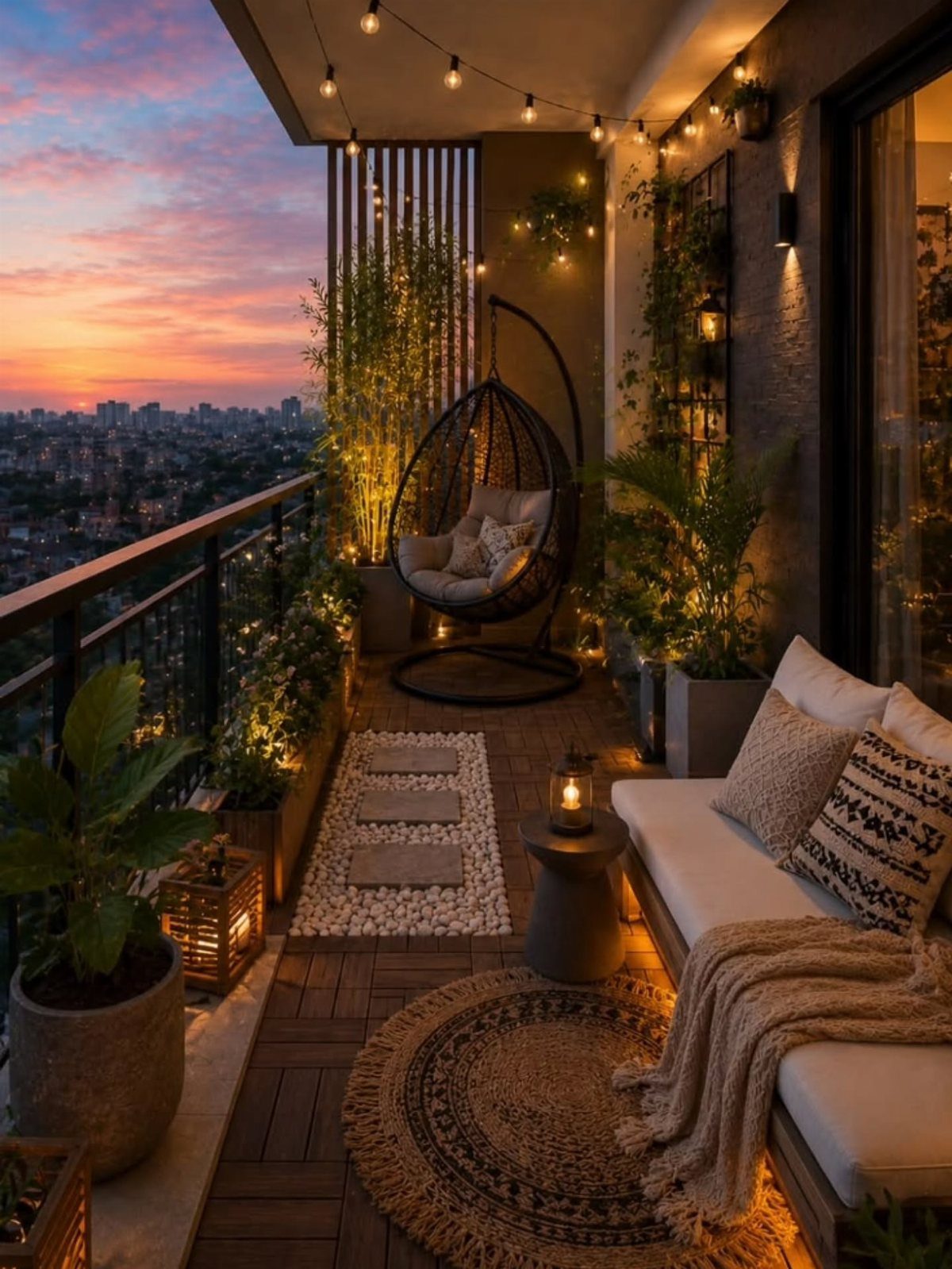 Hanging egg chair and cushioned seating on a balcony decorated with warm string lights at sunset.