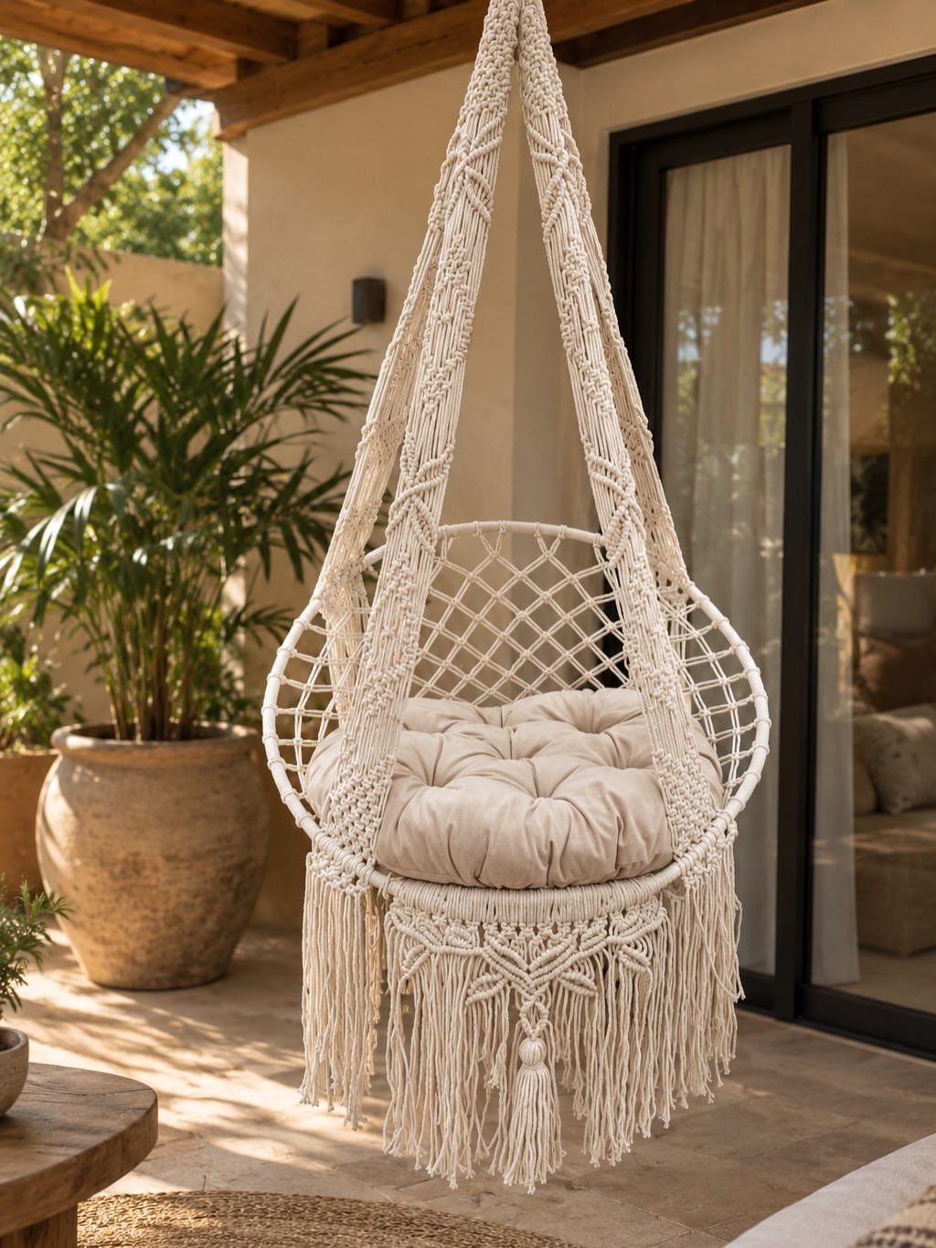 A white macrame hanging chair with a cream cushion on a sunny patio.