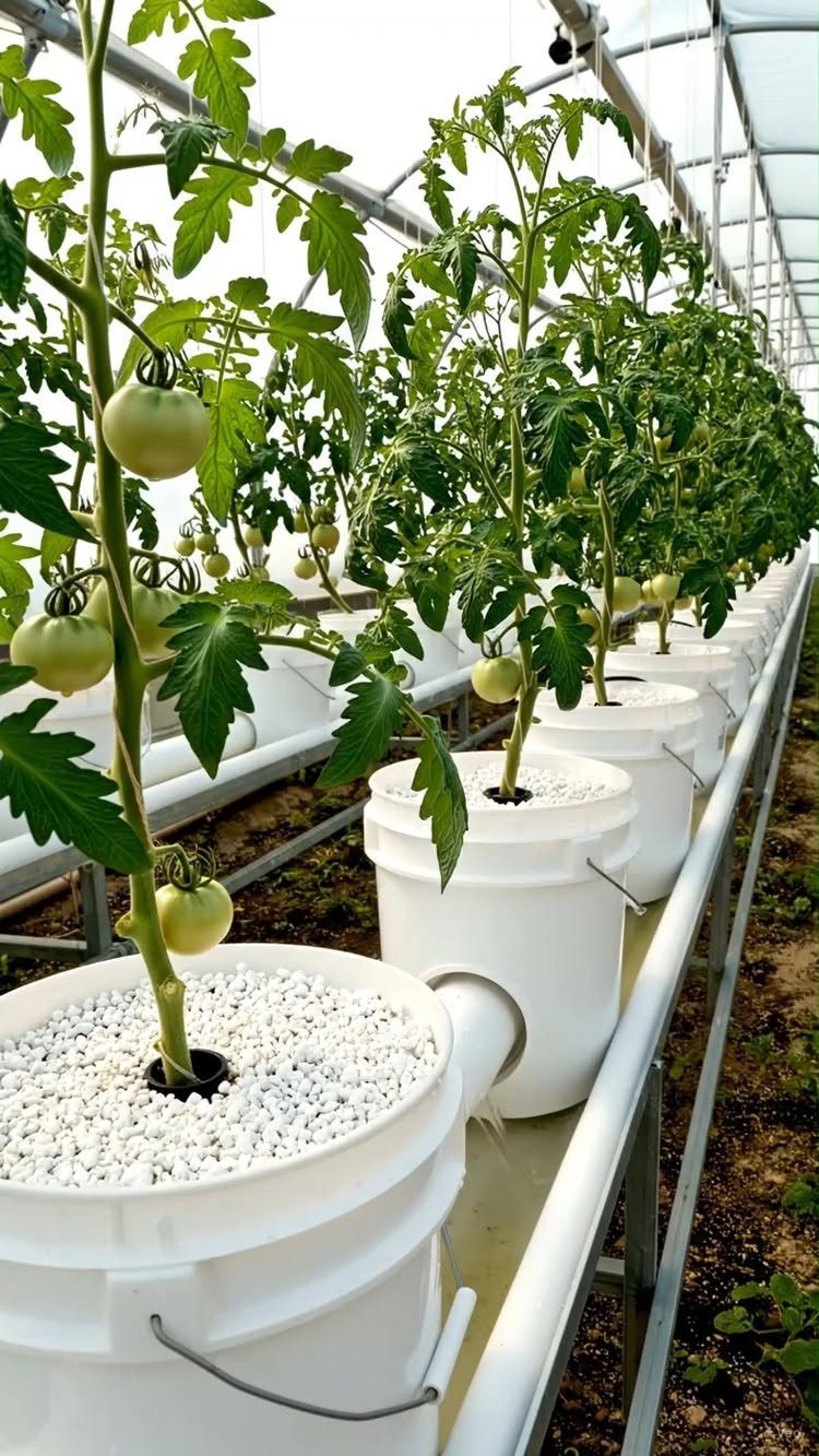 8 Bucket Garden Ideas for Small Spaces and Beginners 8 Tomato plants growing in white buckets filled with perlite inside a greenhouse structure.