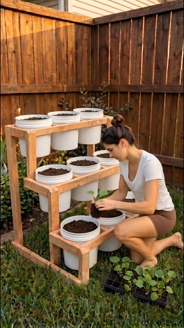 8 Bucket Garden Ideas for Small Spaces and Beginners 1 A woman tending to plants in white buckets arranged on a tiered wooden stand outdoors.