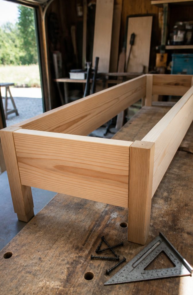 Close-up of a planter box frame being assembled with screws and clamps.