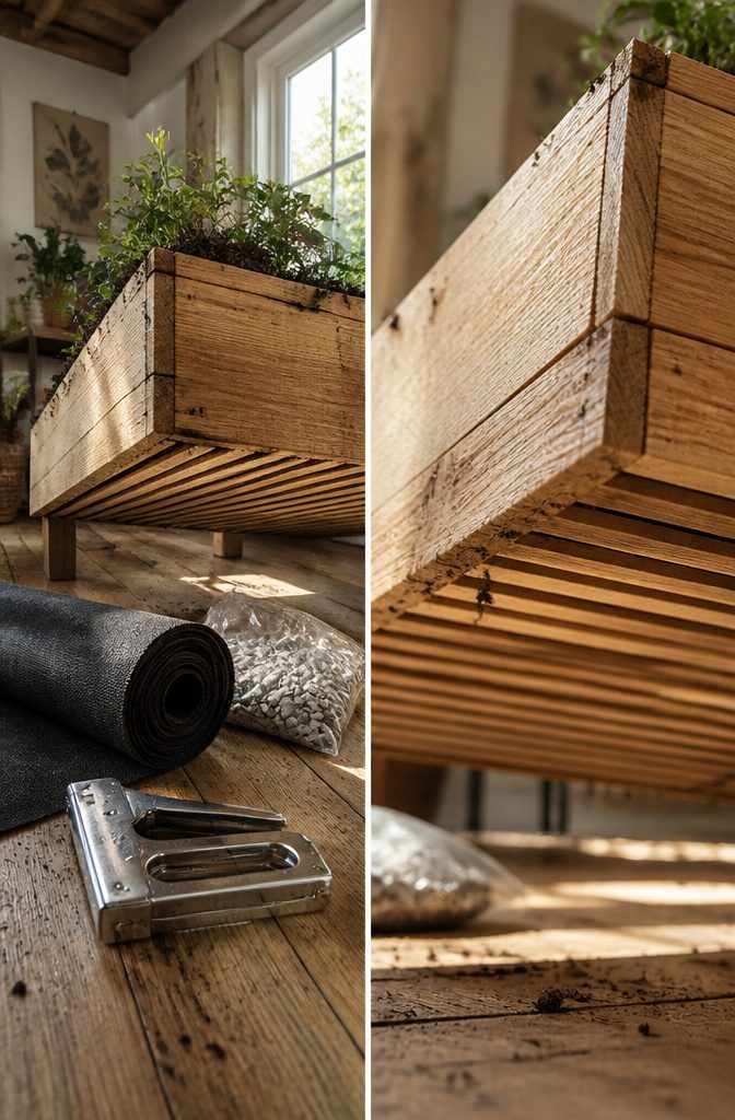 Slatted bottom of a planter box designed for soil and water drainage.