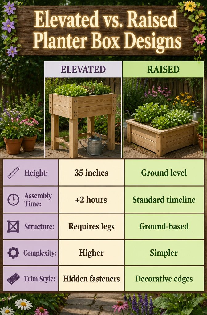 Comparison of elevated and raised planter box designs with dimensions.