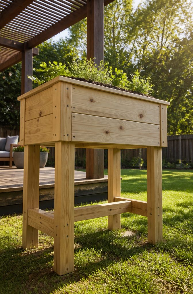Elevated planter boxes on legs, designed for comfortable gardening.
