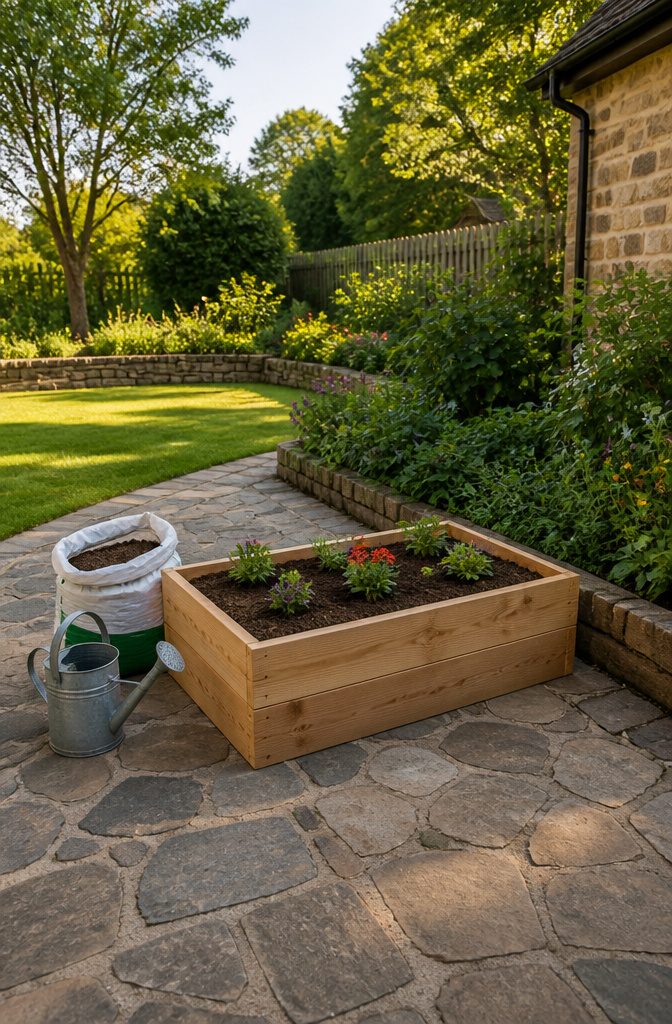 A planter box filled with potting mix, ready for planting flowers or vegetables.