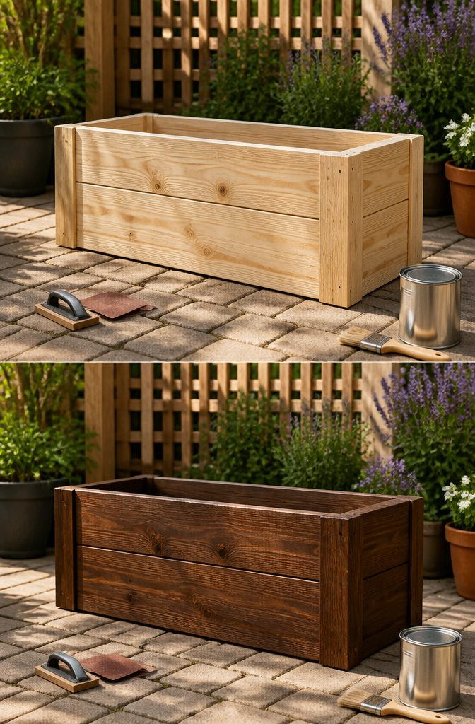 Sanding wood for planter boxes to prepare for a paint or stain finish.