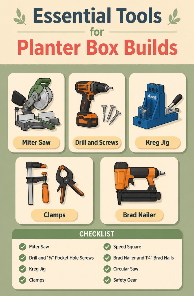 Various tools laid out for assembling planter boxes, including a miter saw.