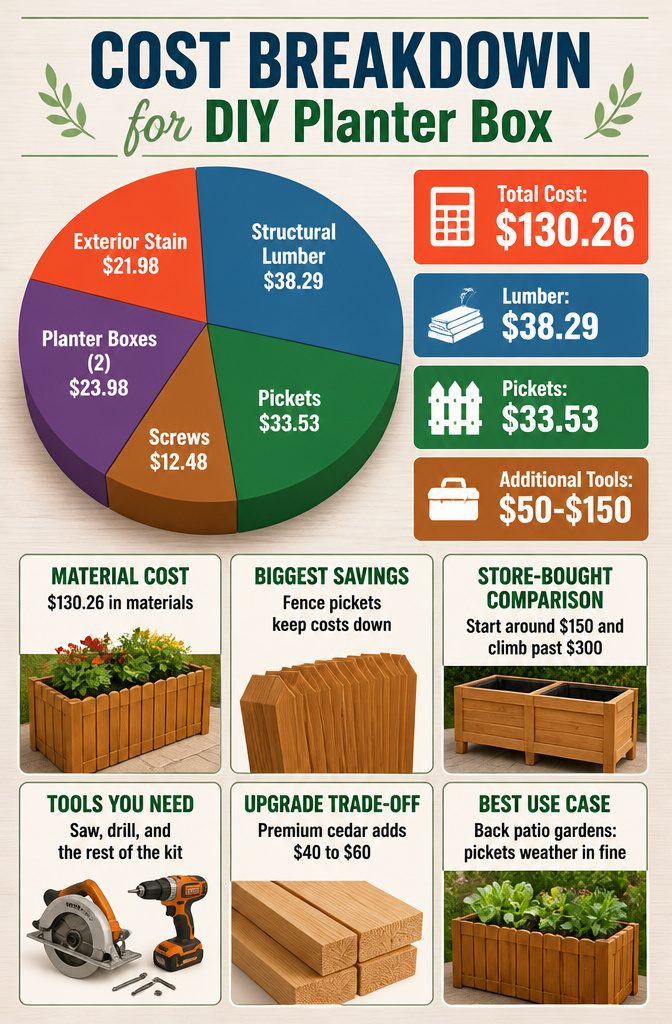 Detailed cost breakdown for materials needed to build a planter box.