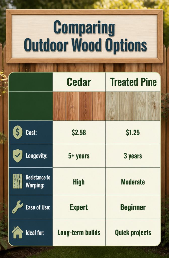 A chart comparing different types of wood for outdoor use.
