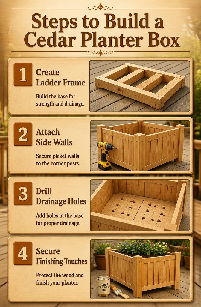 Steps to build a cedar planter box with a drainage frame.