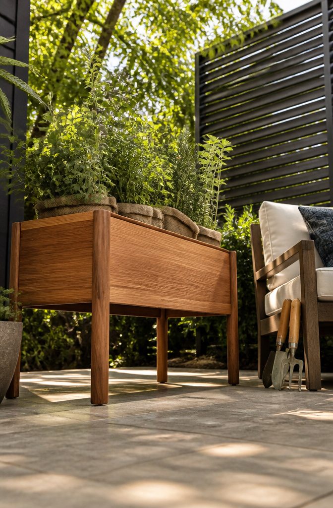 A raised cedar planter box with tapered legs on a deck.