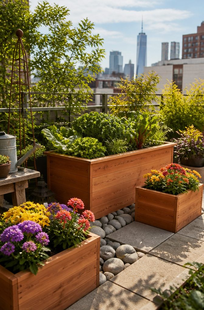 Custom cedar planter boxes in an urban garden with flowers and vegetables.
