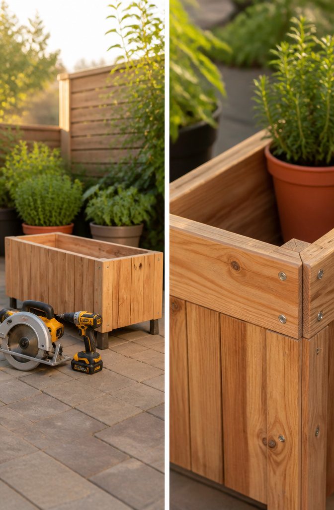 A DIY cedar planter box constructed from picket fence boards.