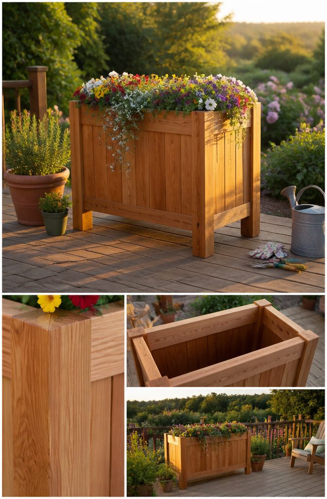 A fully assembled Heritage Square cedar planter box on a patio.