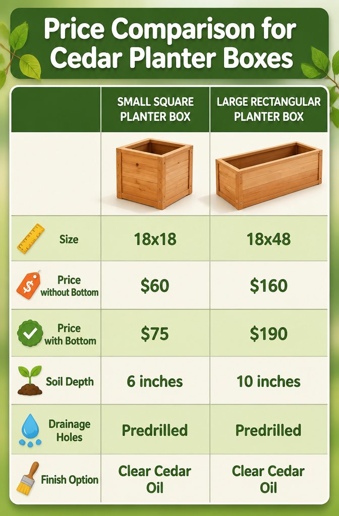 Price comparison chart for different cedar planter box sizes.