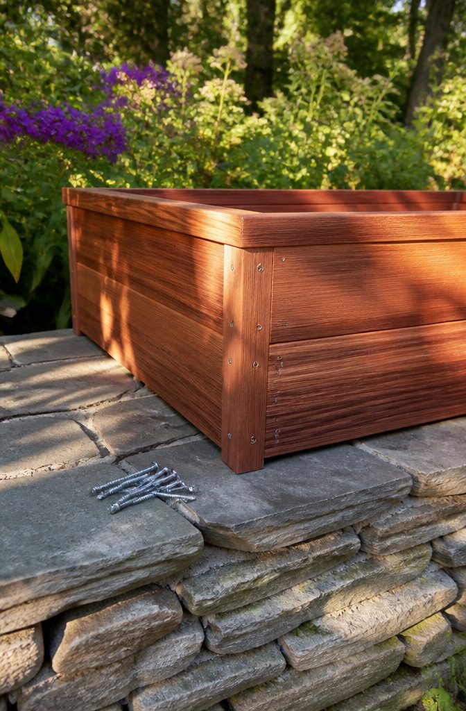 A cedar planter box showcasing its grain on a stone surface.