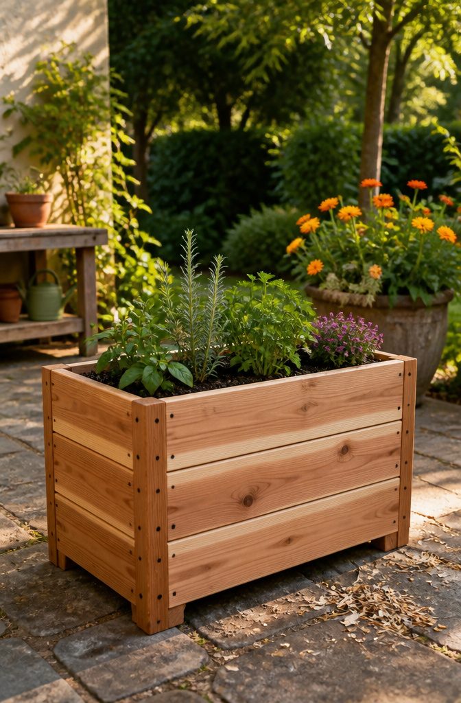 A cedar planter box on a stone patio surrounded by plants.