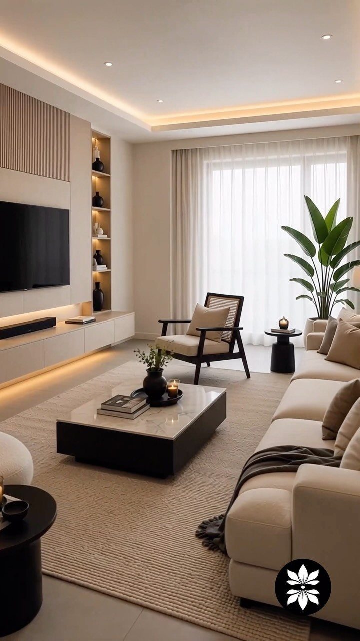 Modern living room with beige sofa, marble coffee table, and soft neutral textiles.