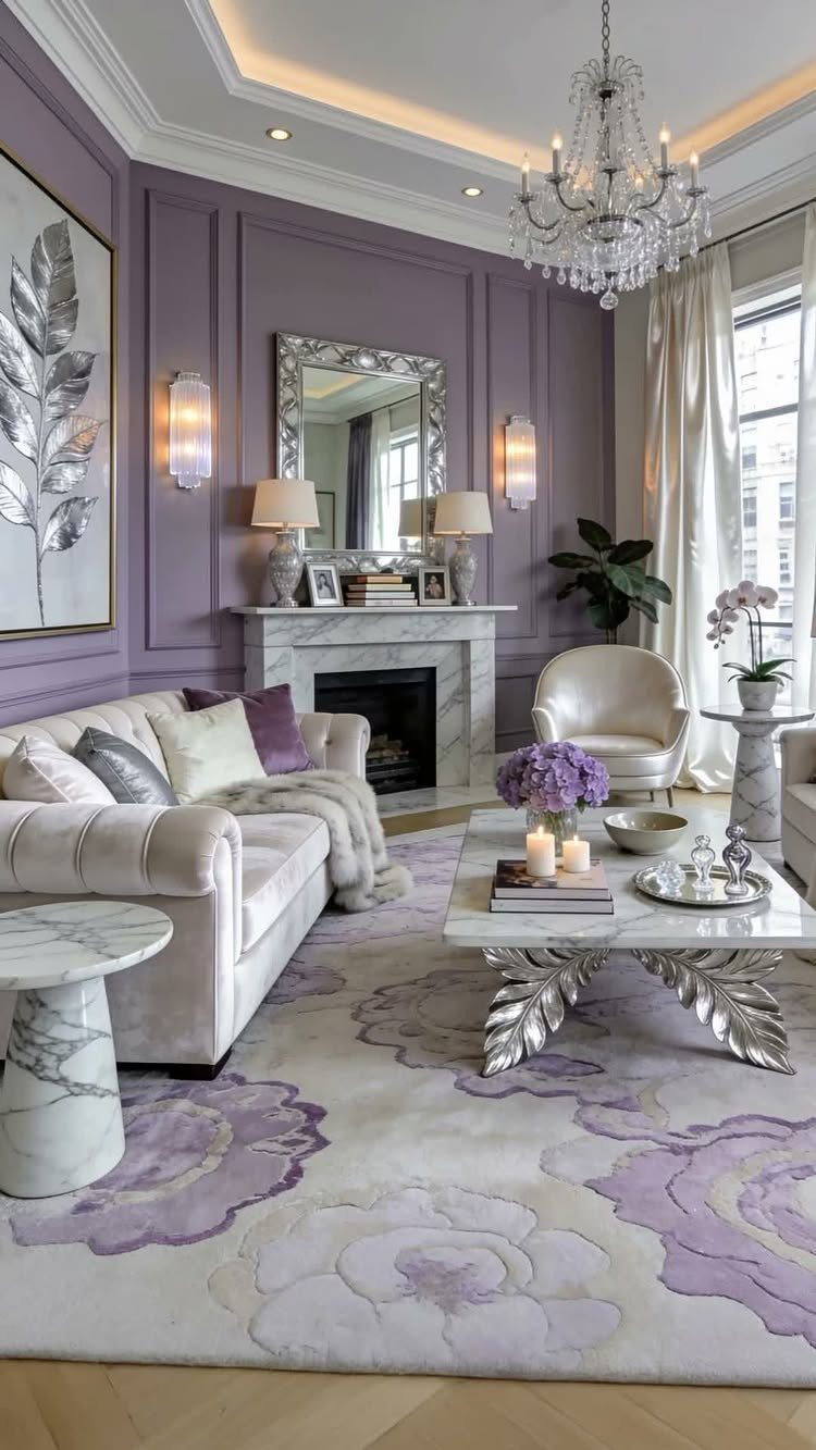 A lavender living room featuring a cream sofa with textured pillows and a soft faux fur throw.