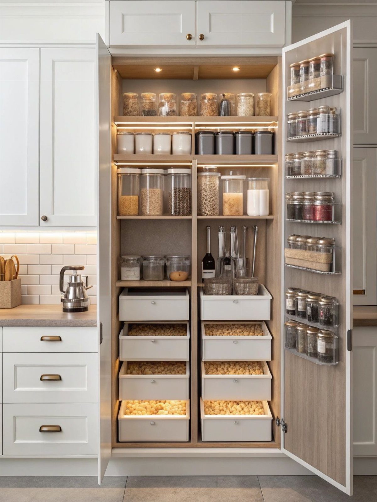 Open pantry with organized clear containers, white drawers, and an over-the-door spice rack.