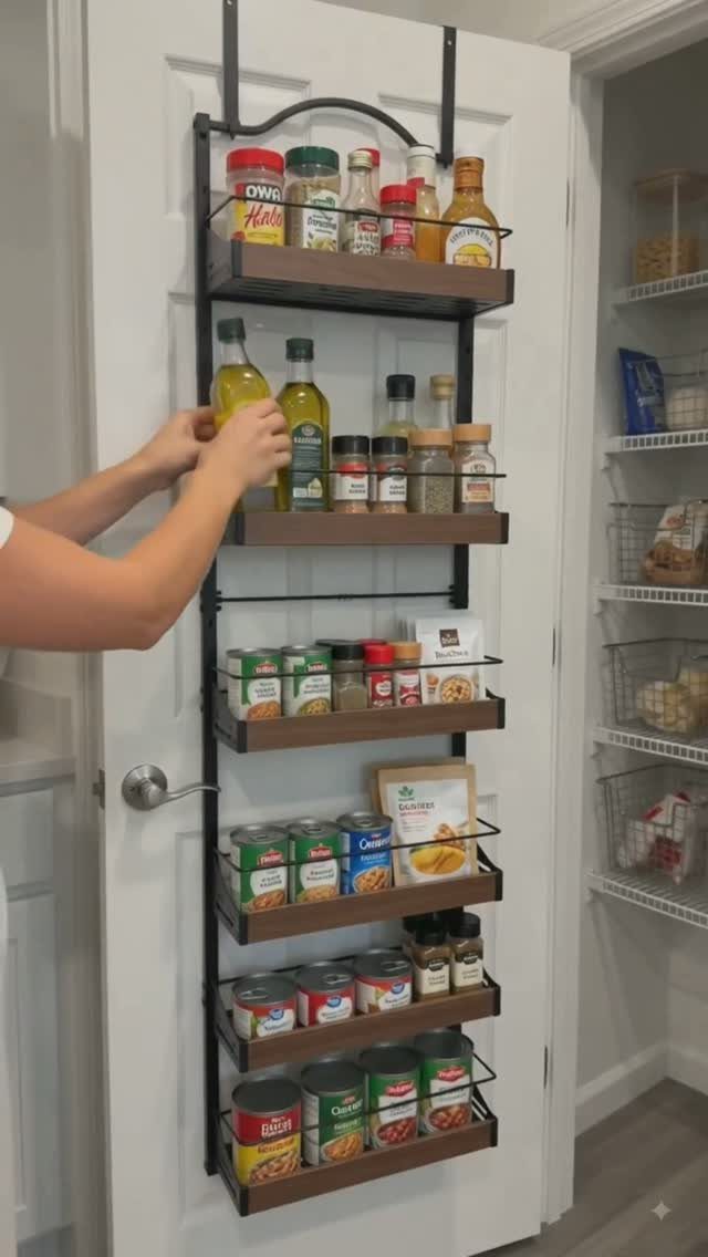 Hands adjusting olive oil bottles on a multi-tiered over-the-door pantry organizer mounted on a white door.