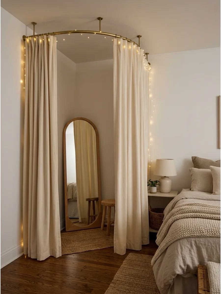 11 Curtain Closet Ideas for Style and Space 2 Cream curtains hanging from a curved gold rod with fairy lights dividing a bedroom space.