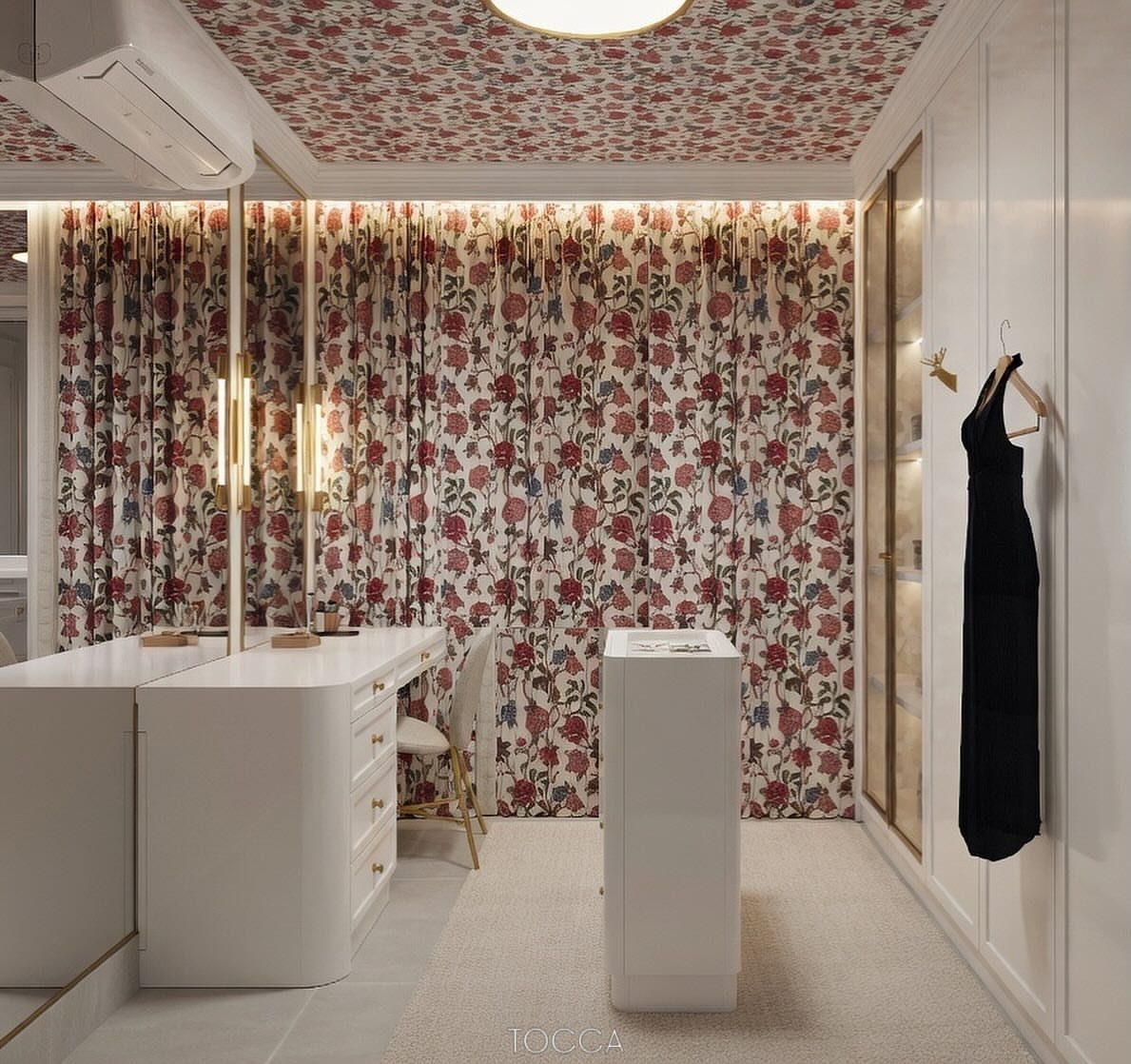 11 Curtain Closet Ideas for Style and Space 9 A white walk-in closet with floral patterned curtains and matching floral ceiling.