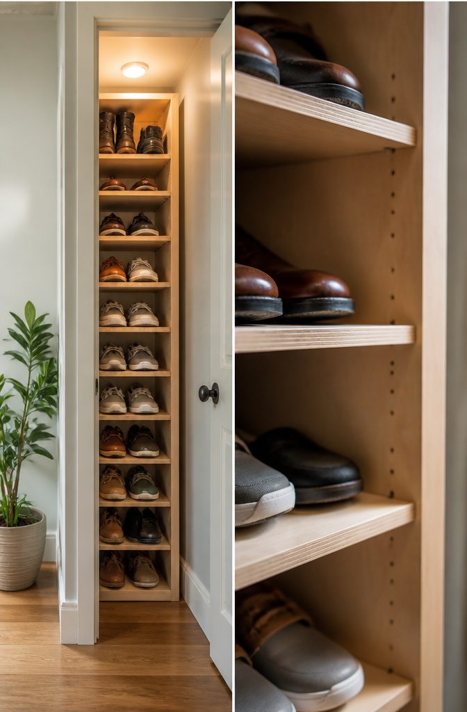 How to Build a DIY Narrow Shoe Rack: 12 Ideas for Tight Spaces 11 Built-in shelves inside a closet designed for shoe storage.