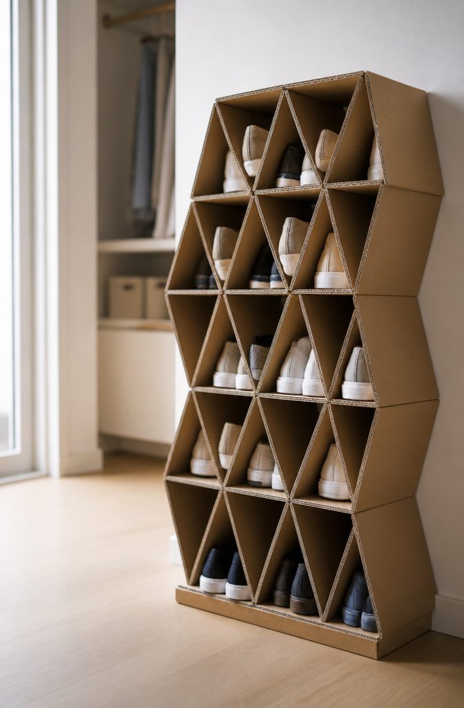 How to Build a DIY Narrow Shoe Rack: 12 Ideas for Tight Spaces 7 A DIY shoe rack constructed from corrugated cardboard triangular modules.