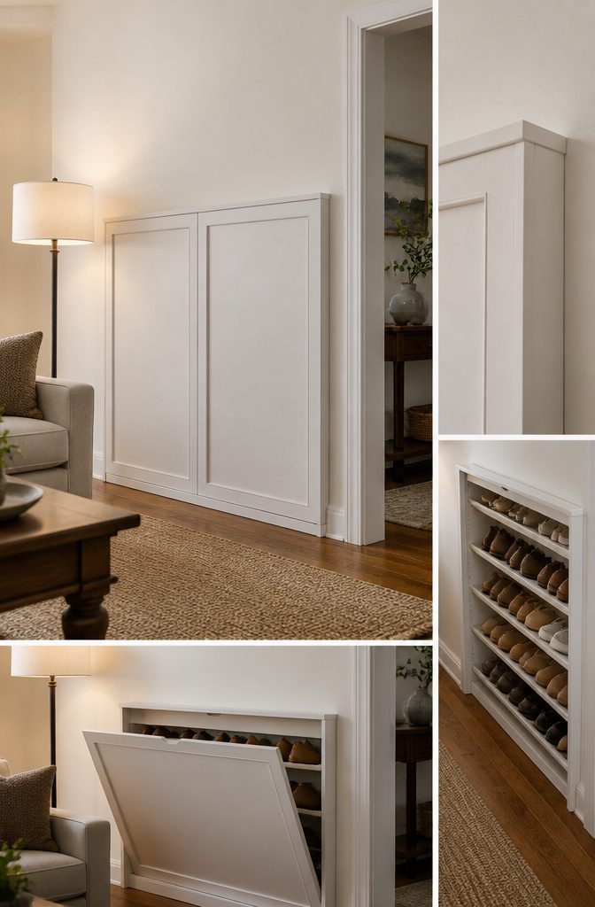 How to Build a DIY Narrow Shoe Rack: 12 Ideas for Tight Spaces 6 A narrow hidden shoe cabinet with angled shelves and a flush hinge.