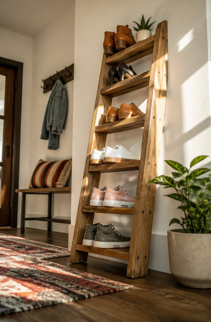 How to Build a DIY Narrow Shoe Rack: 12 Ideas for Tight Spaces 4 A ladder-style shoe shelf with shoes arranged on the rungs.
