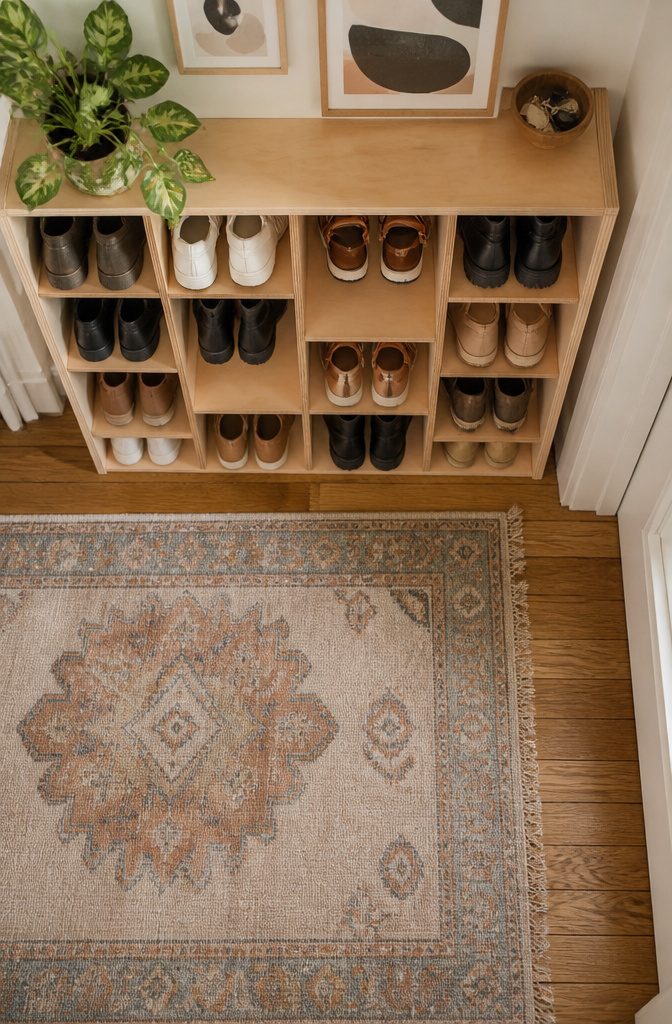How to Build a DIY Narrow Shoe Rack: 12 Ideas for Tight Spaces 8 A shoe cubby storage unit with open compartments for different shoes.