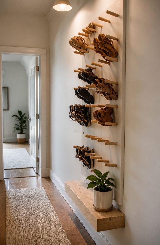 How to Build a DIY Narrow Shoe Rack: 12 Ideas for Tight Spaces 9 Dowel pegs mounted on a wall displaying various hanging shoes.